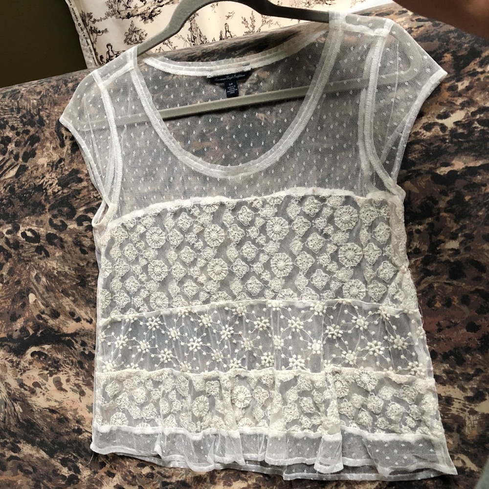American Eagle Mesh see through embroidery top